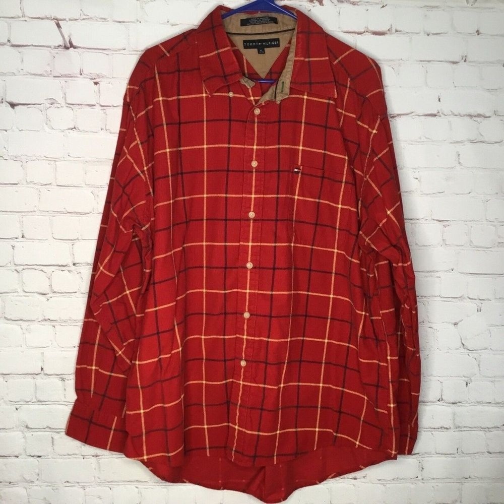 Tommy Hilfiger Plaid Long Slv Button Up Corduroy Shirt Men‎ XL Indonesia Cotton